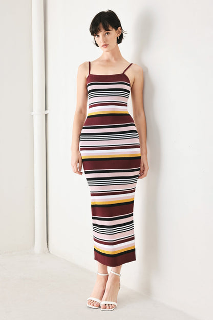 BURGUNDY STRIPE SWEATER KNIT MIDI DRESS