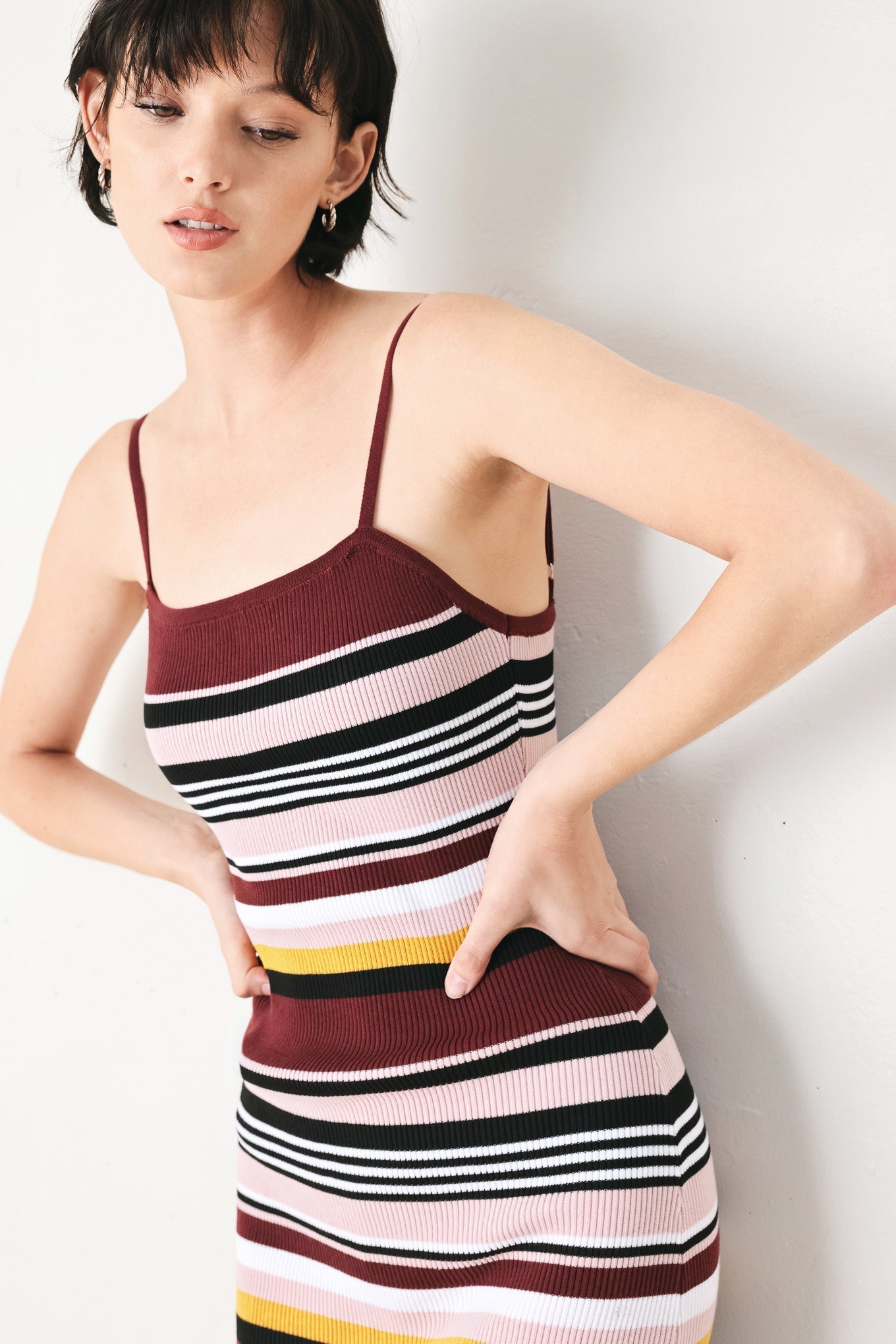 BURGUNDY STRIPE SWEATER KNIT MIDI DRESS