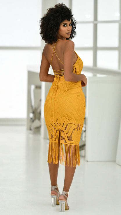 Khaleesi Dress Mustard Lace Dress With Fringe FINAL