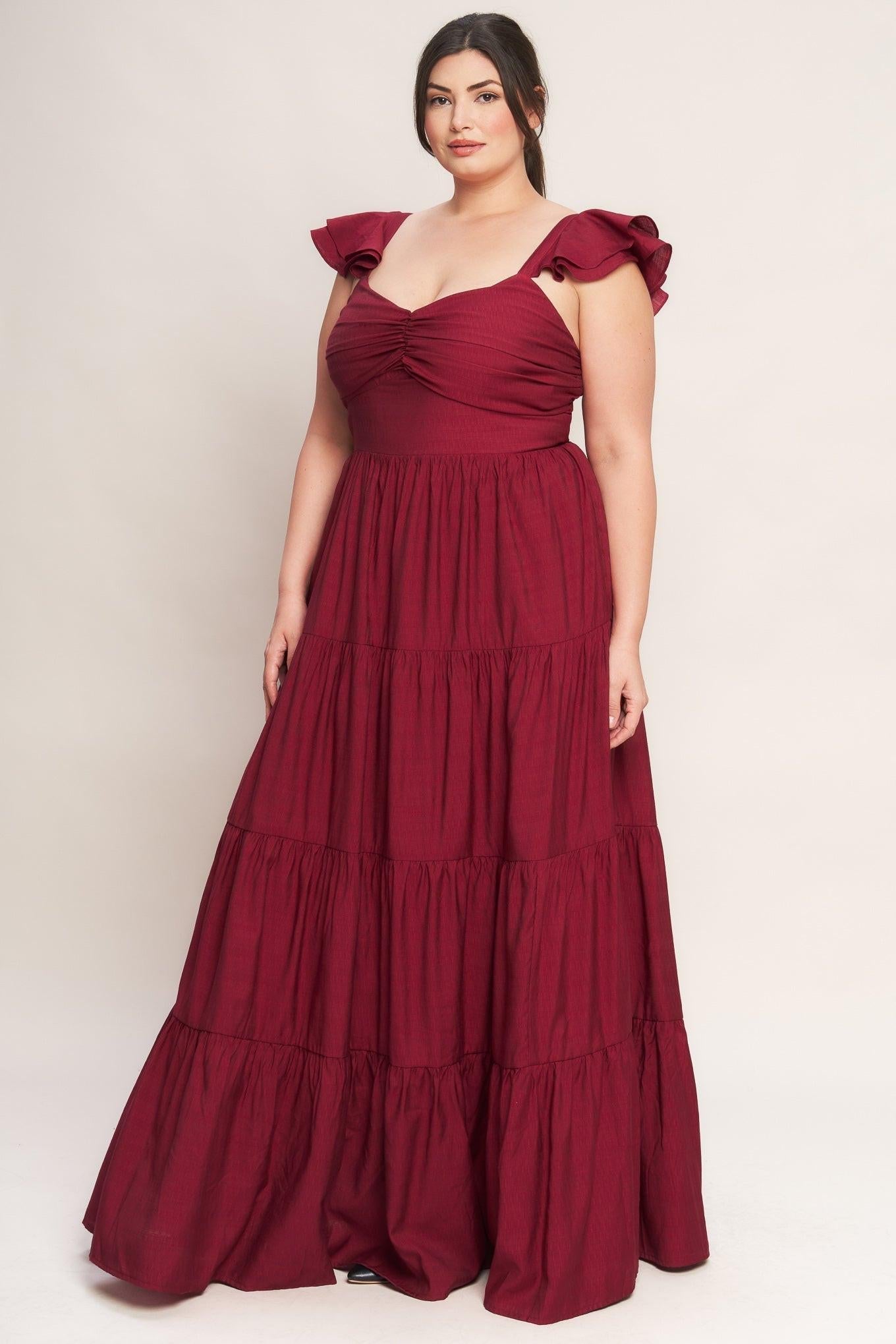 SUMMER EVERMORE DEEP RED FLUTTER SLEEVE MAXI DRESS