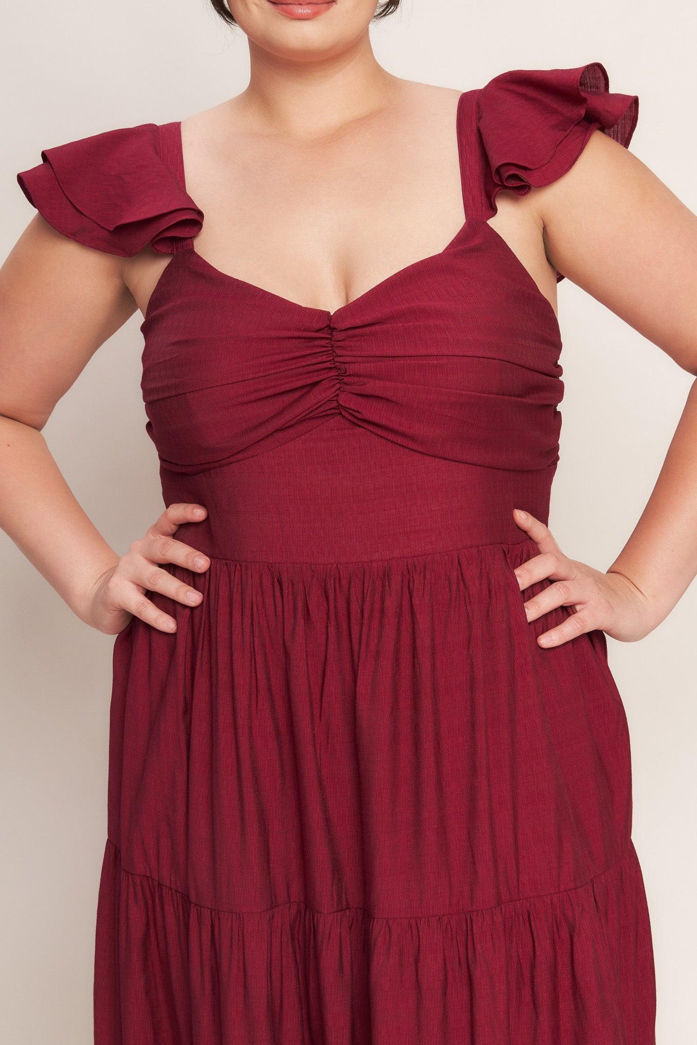 SUMMER EVERMORE DEEP RED FLUTTER SLEEVE MAXI DRESS