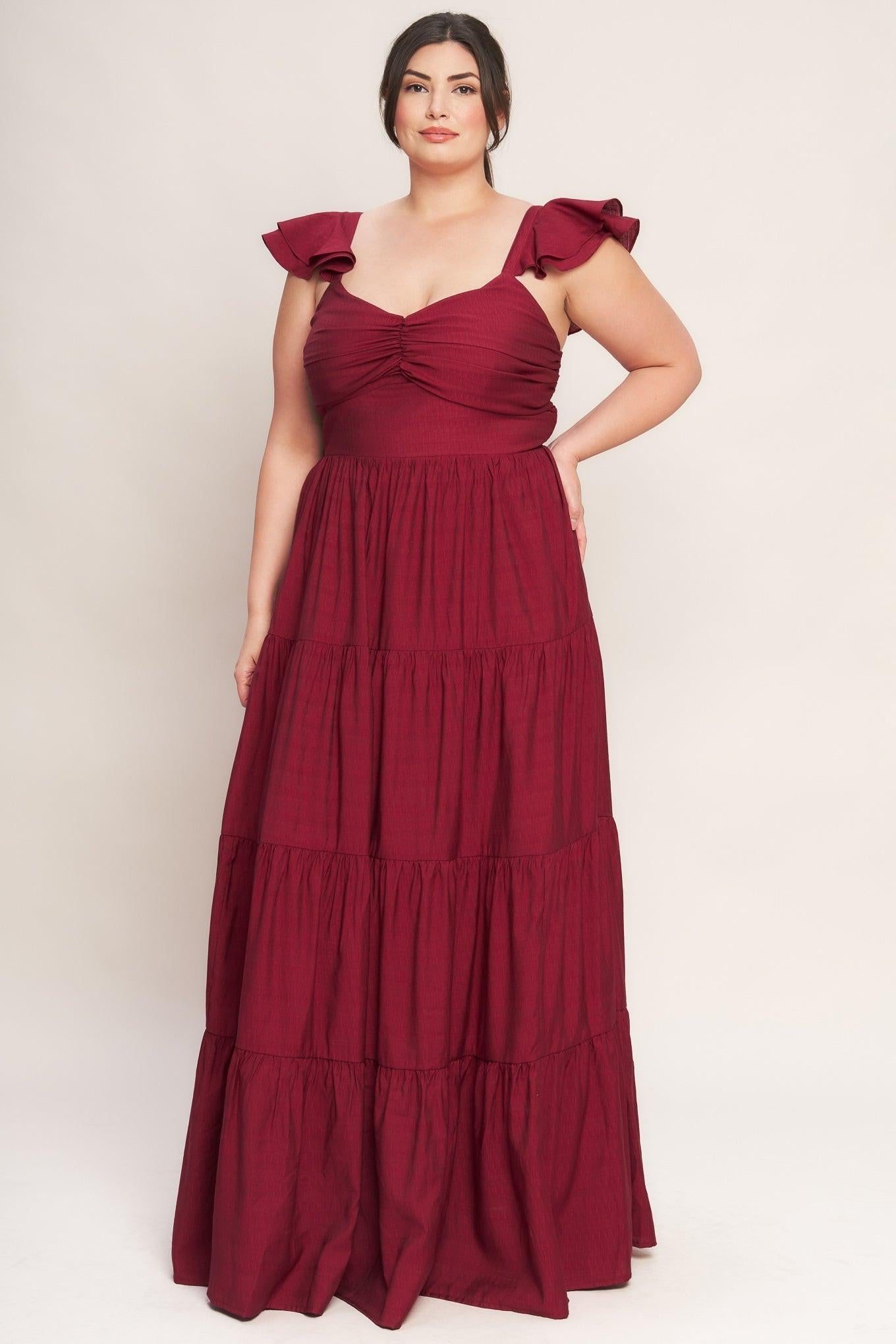 SUMMER EVERMORE DEEP RED FLUTTER SLEEVE MAXI DRESS