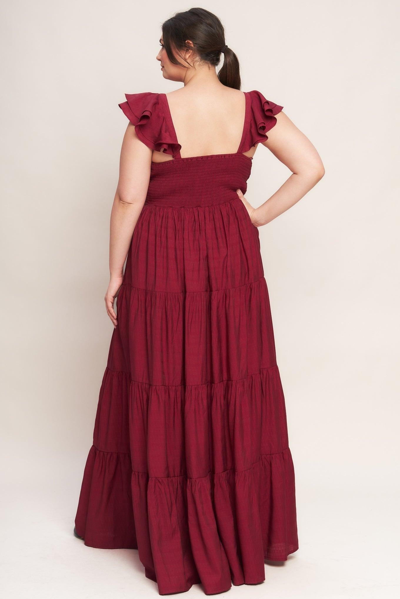 SUMMER EVERMORE DEEP RED FLUTTER SLEEVE MAXI DRESS