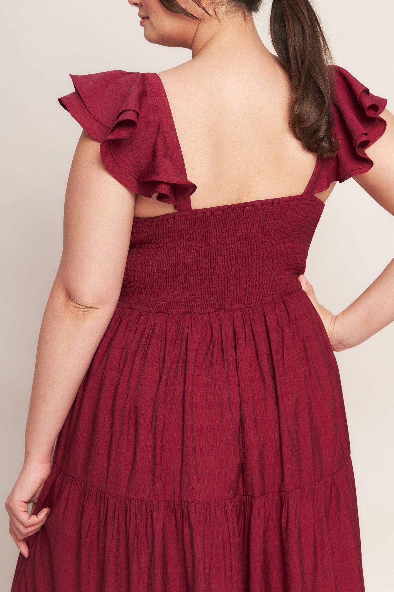 SUMMER EVERMORE DEEP RED FLUTTER SLEEVE MAXI DRESS