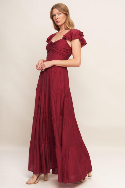 SUMMER EVERMORE DEEP RED FLUTTER SLEEVE MAXI DRESS