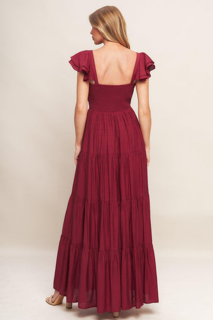 SUMMER EVERMORE DEEP RED FLUTTER SLEEVE MAXI DRESS