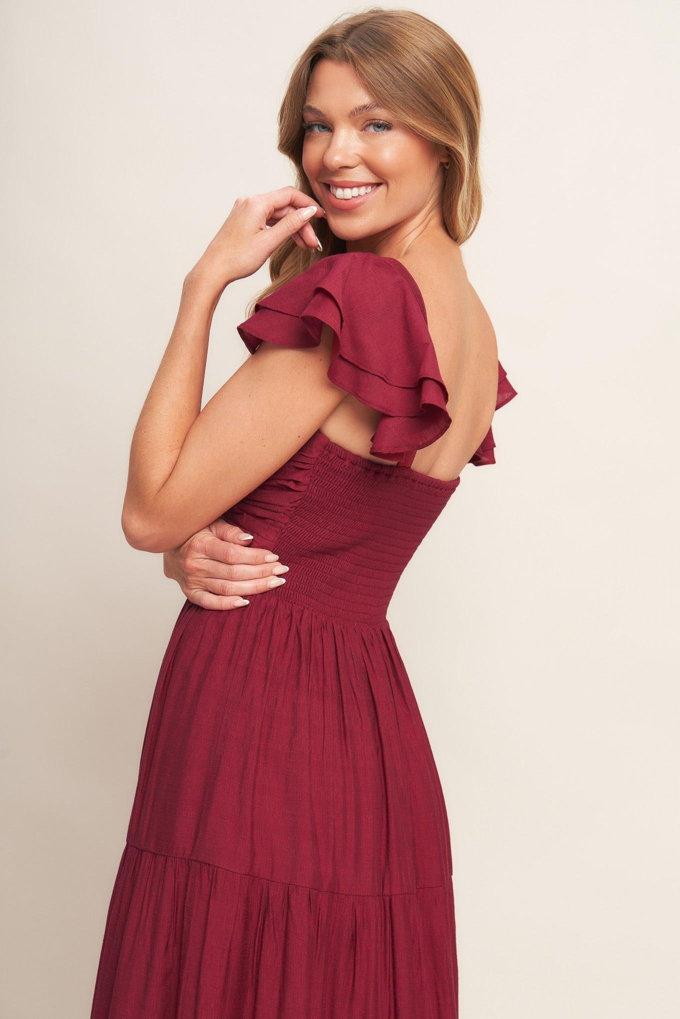 SUMMER EVERMORE DEEP RED FLUTTER SLEEVE MAXI DRESS