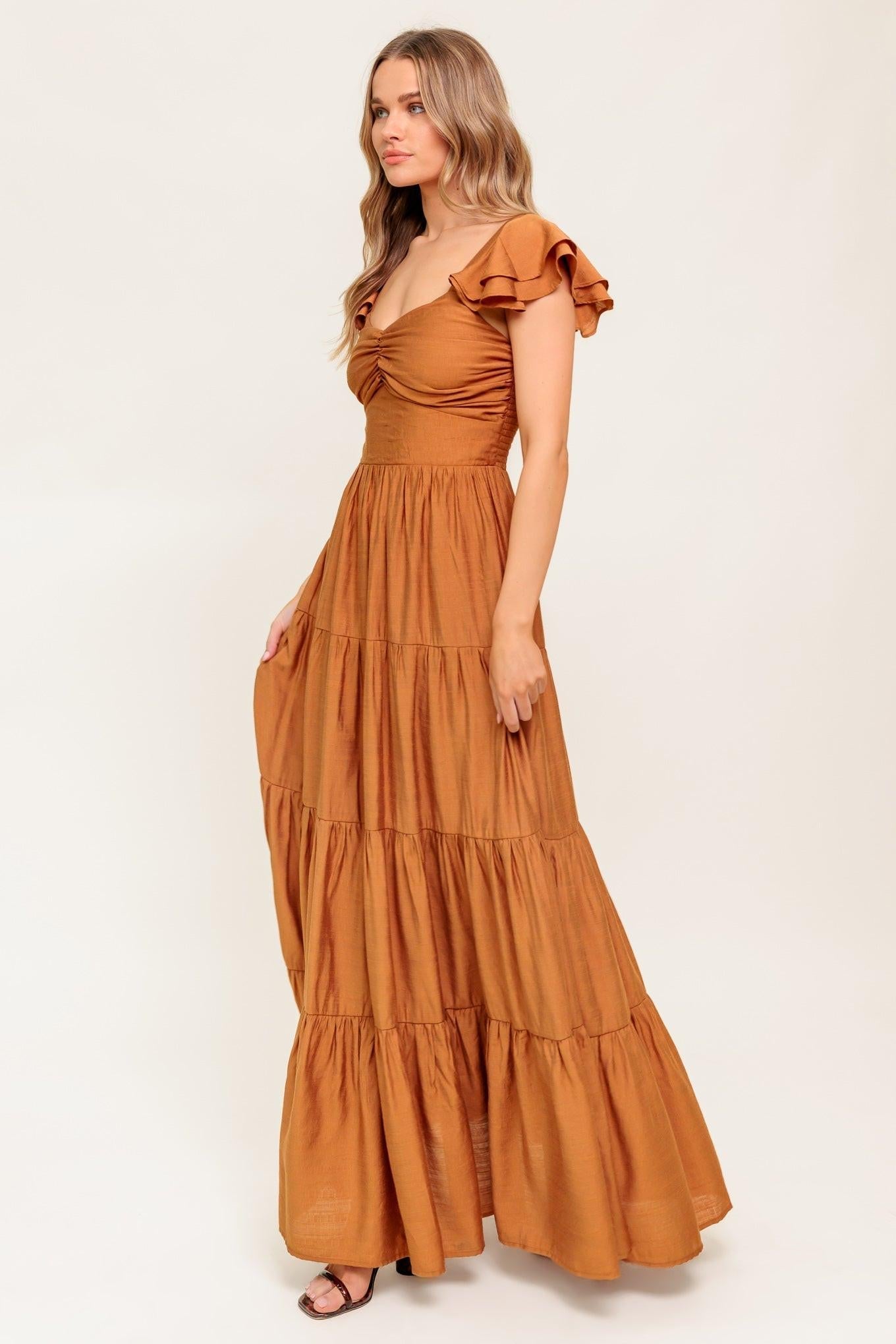 SUMMER EVERMORE RUST FLUTTER SLEEVE MAXI DRESS