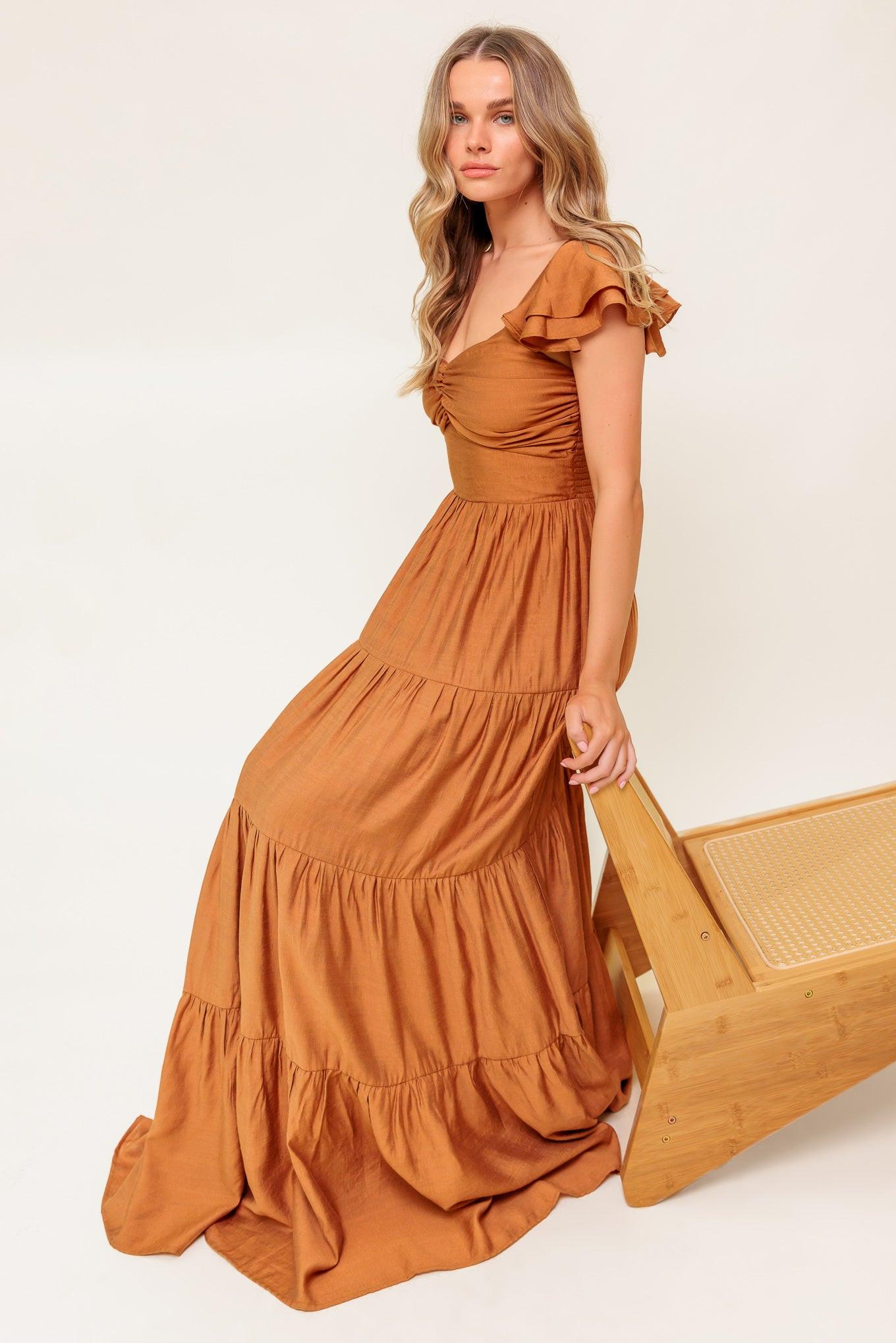 SUMMER EVERMORE RUST FLUTTER SLEEVE MAXI DRESS