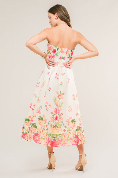 BRUNCH BOUQUET STRAPLESS FLORAL MIDI DRESS