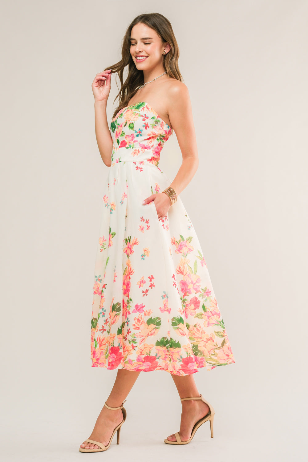 BRUNCH BOUQUET STRAPLESS FLORAL MIDI DRESS