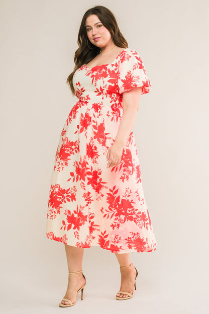 COTTAGE GARDEN PUFF SLEEVE MIDI DRESS RED FINAL