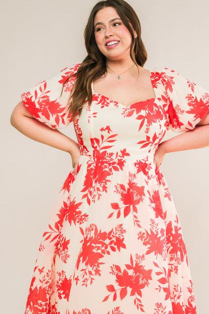 COTTAGE GARDEN PUFF SLEEVE MIDI DRESS RED FINAL
