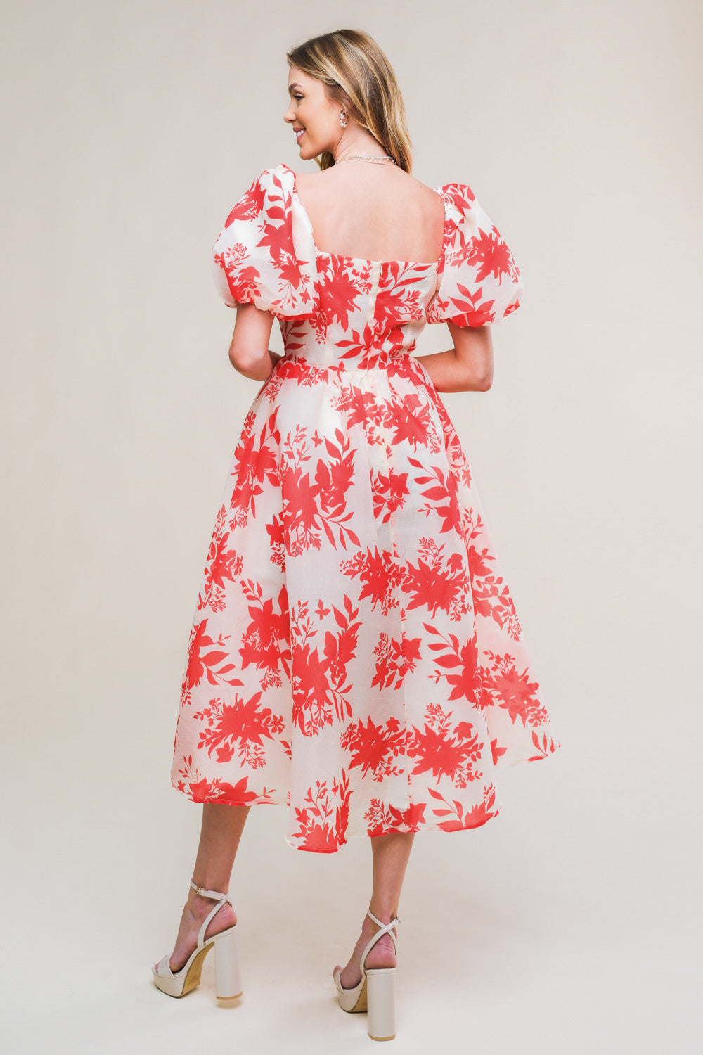 COTTAGE GARDEN PUFF SLEEVE MIDI DRESS RED FINAL