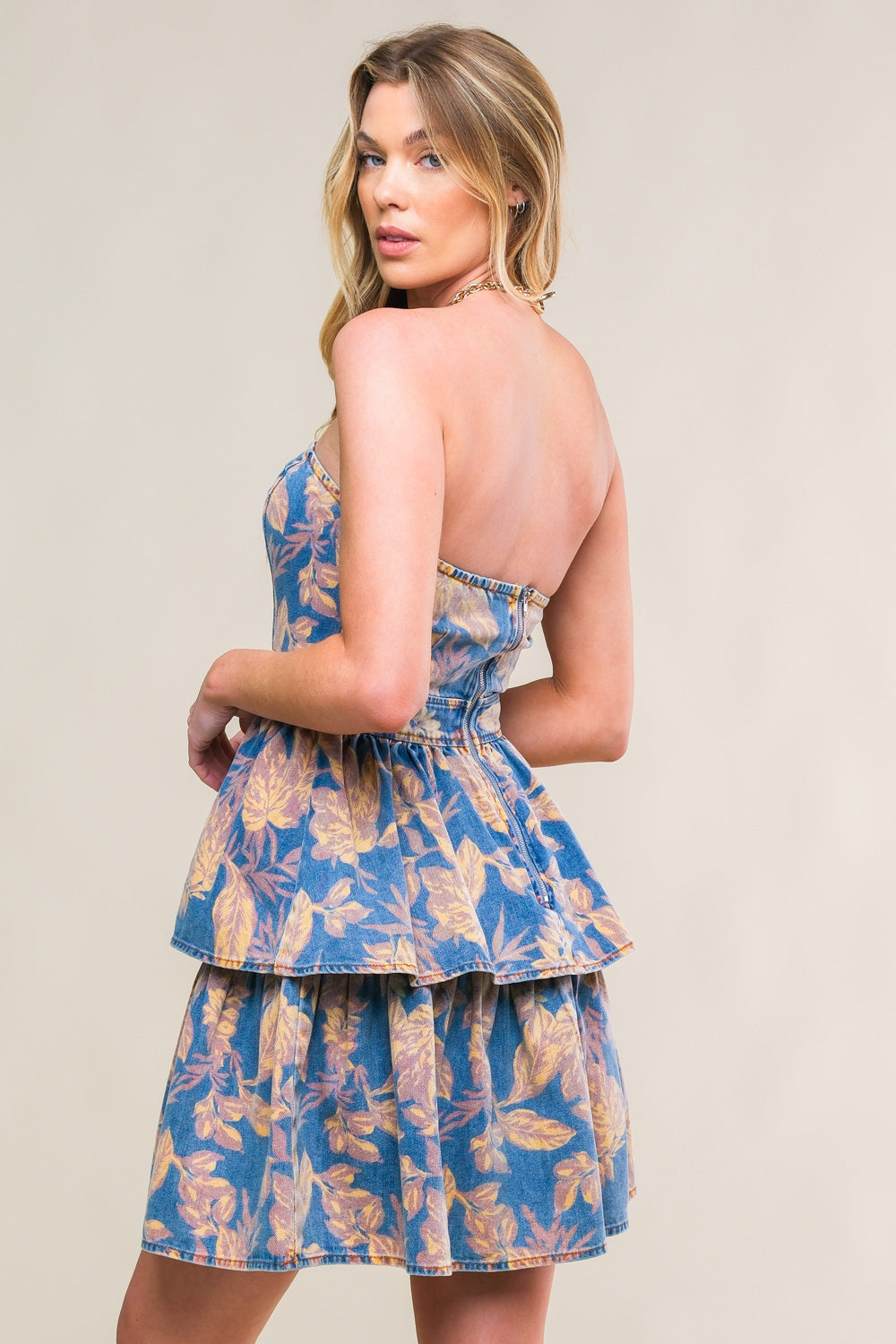 SUMMER MOMENTS TIERED FLORAL DENIM MINI DRESS