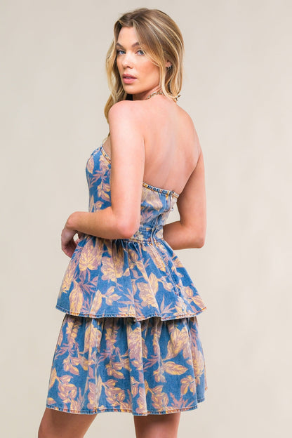 SUMMER MOMENTS TIERED FLORAL DENIM MINI DRESS
