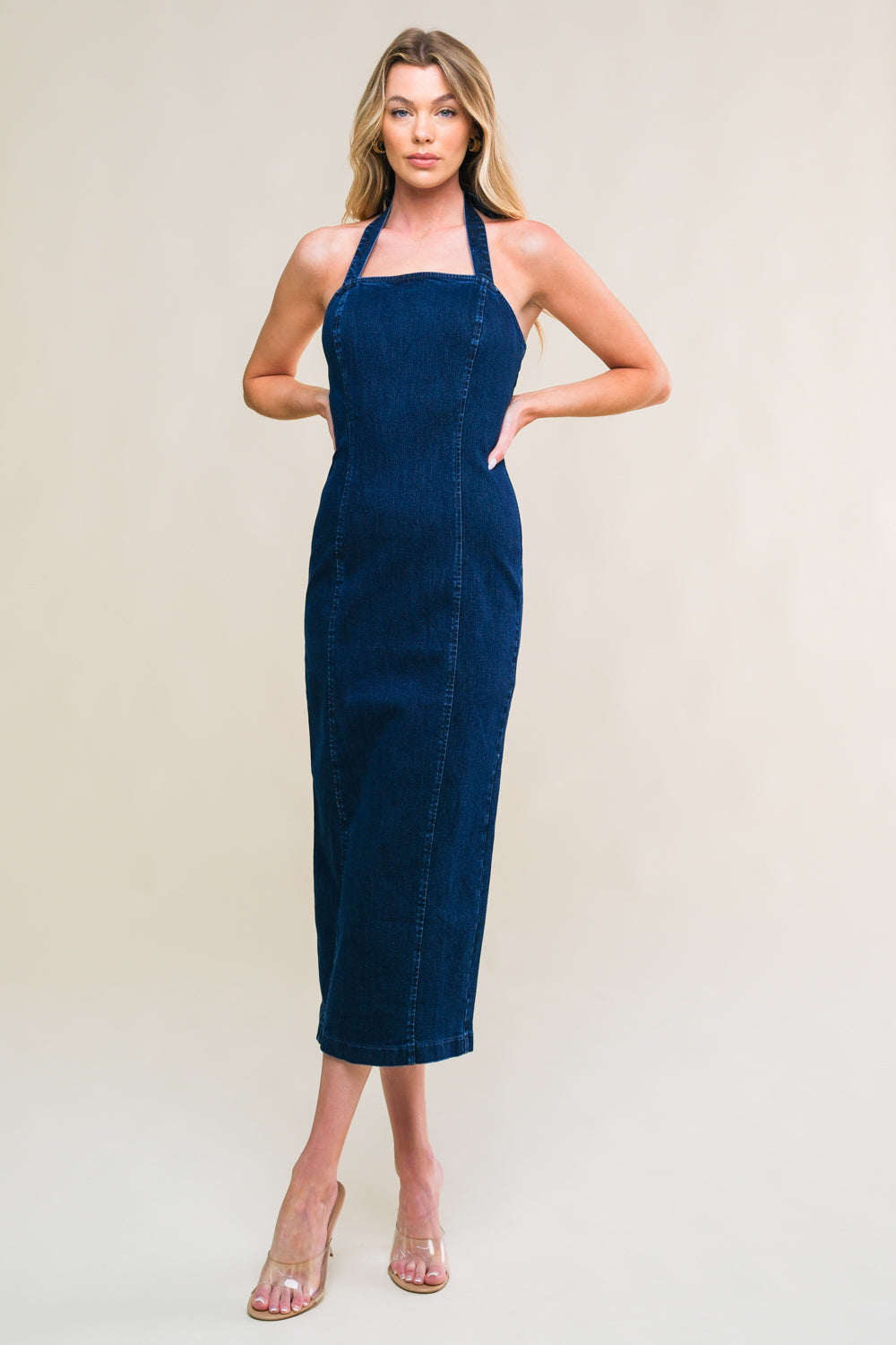 SO QUINTESSENTIAL FITTED HALTER NECK DENIM DRESS