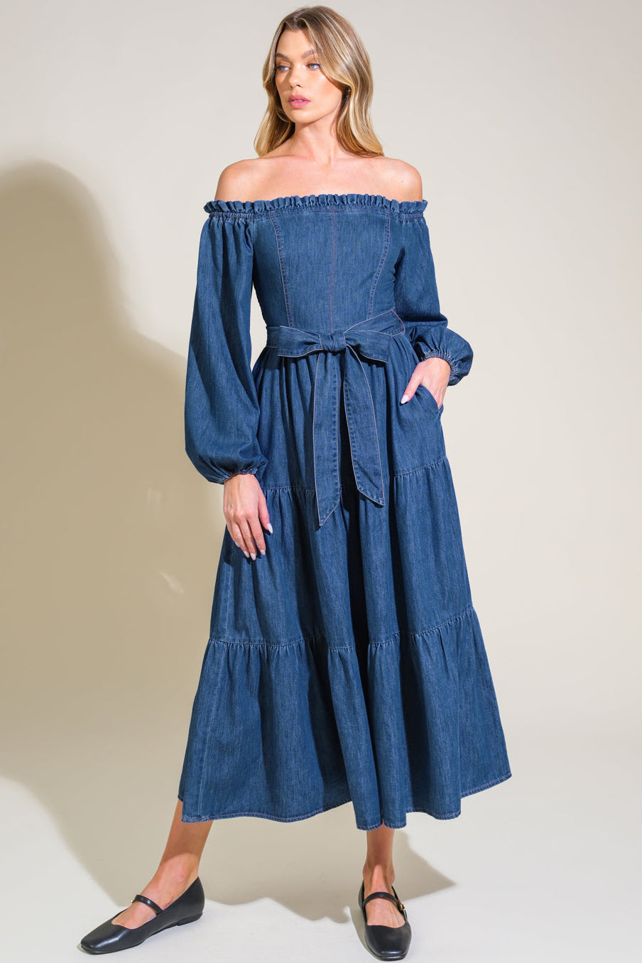 ARTISTIC IMPULSE OFF SHOULDER DENIM DRESS