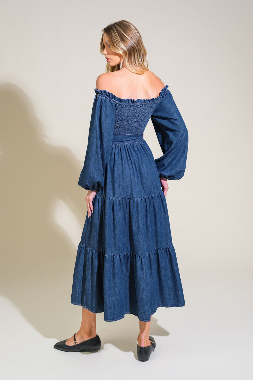 ARTISTIC IMPULSE OFF SHOULDER DENIM DRESS