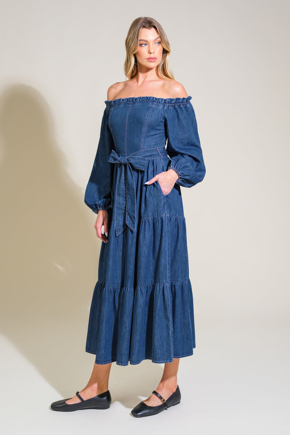 ARTISTIC IMPULSE OFF SHOULDER DENIM DRESS