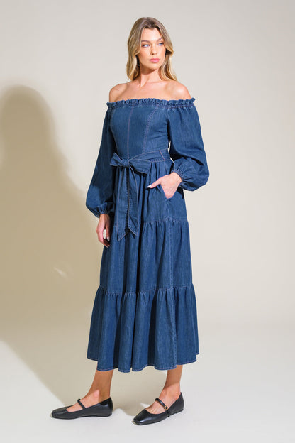 ARTISTIC IMPULSE OFF SHOULDER DENIM DRESS