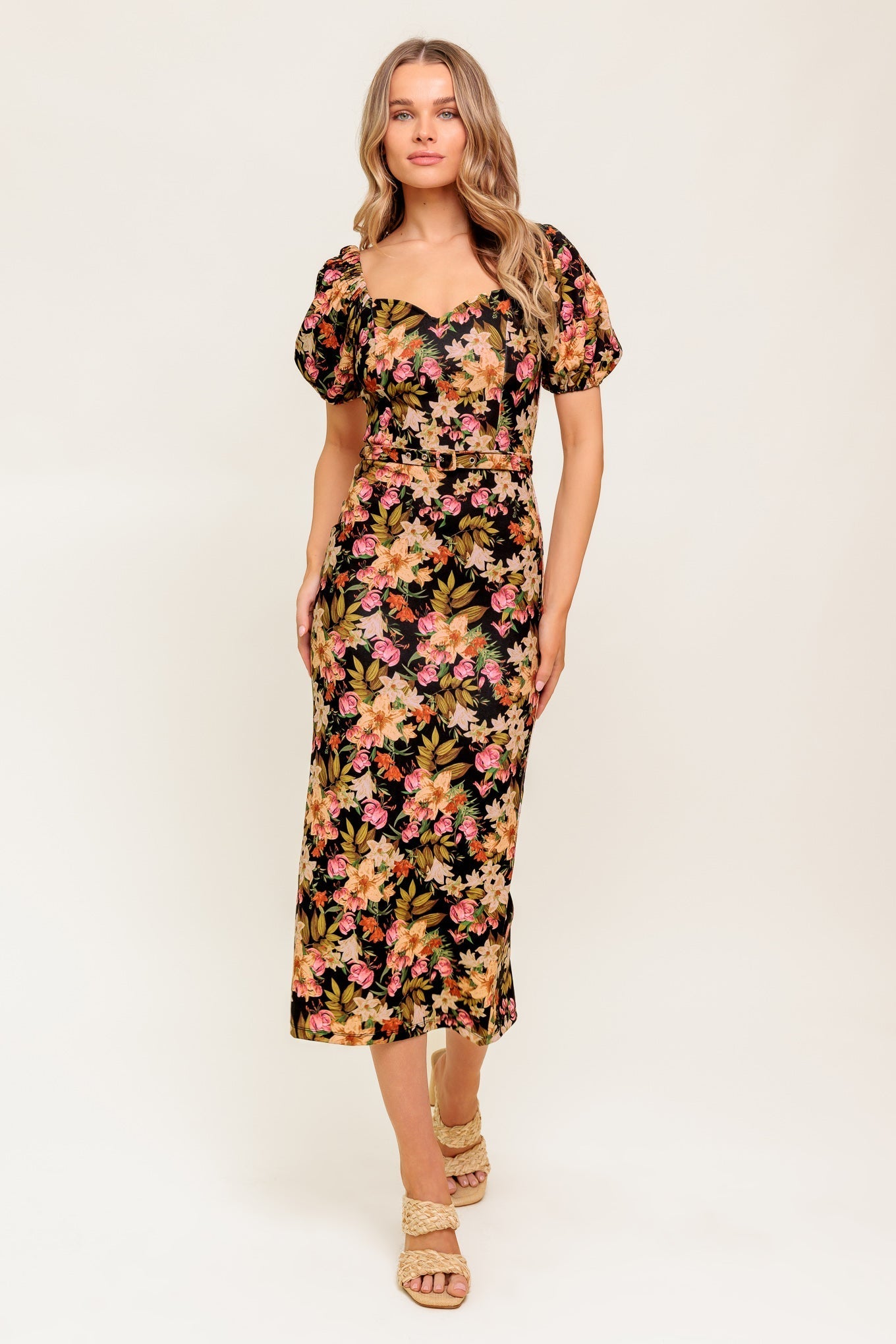 SWEET AT HEART MIDI DRESS BLACK FLORAL FITTED DRESS