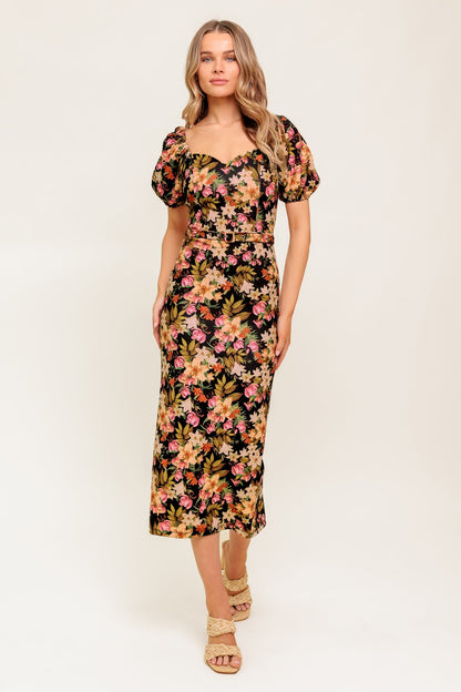 SWEET AT HEART MIDI DRESS BLACK FLORAL FITTED DRESS