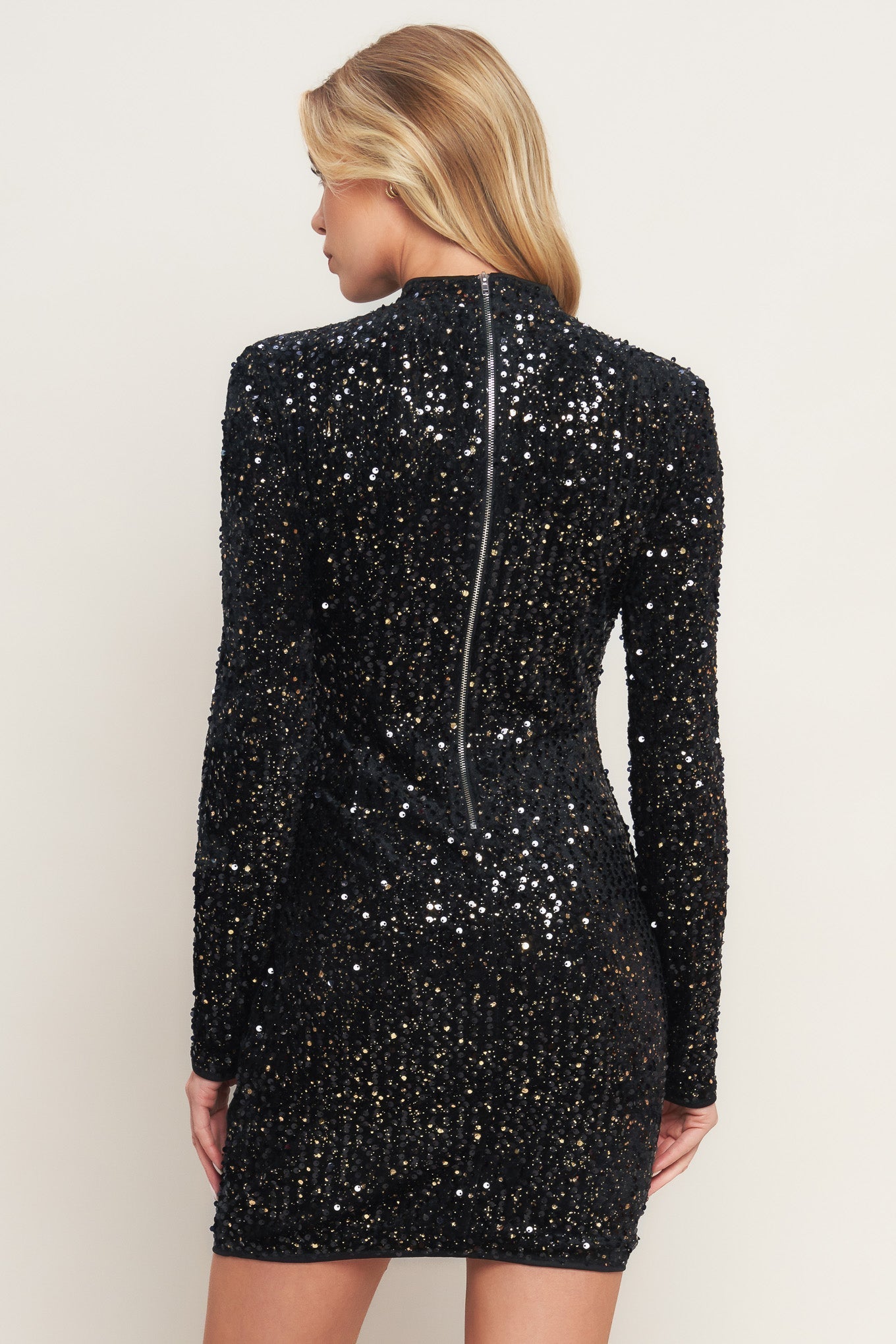 WHIMS OF FATE BLACK SEQUIN MINI DRESS WITH LONG SLEEVES