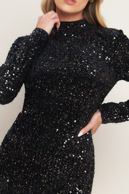 WHIMS OF FATE BLACK SEQUIN MINI DRESS WITH LONG SLEEVES