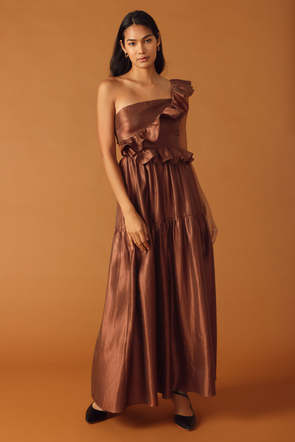 FIND THE ANSWER BROWN SATIN ONE SHOULDER MAXI DRESS