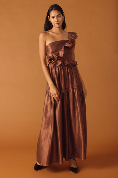 FIND THE ANSWER BROWN SATIN ONE SHOULDER MAXI DRESS