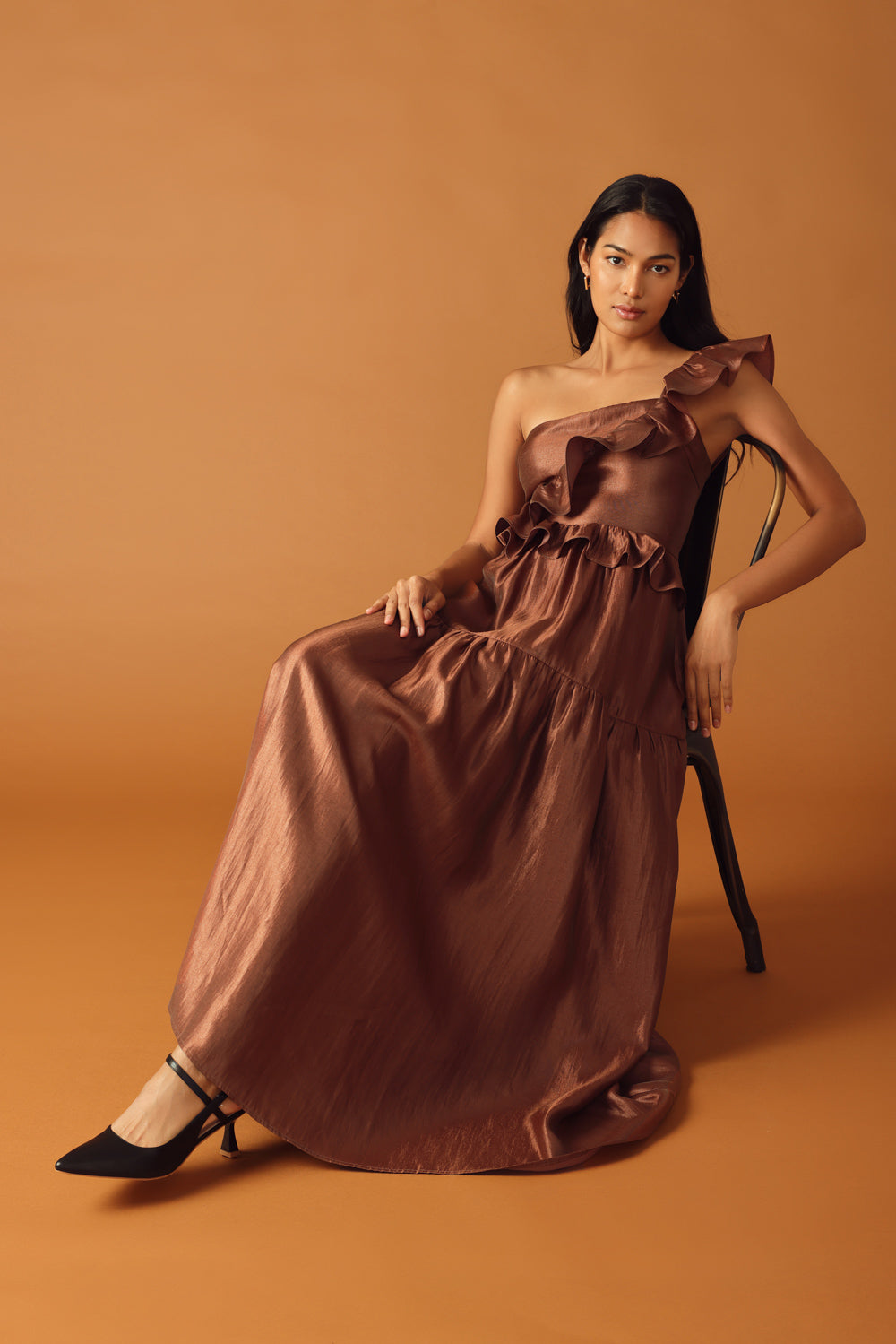 FIND THE ANSWER BROWN SATIN ONE SHOULDER MAXI DRESS