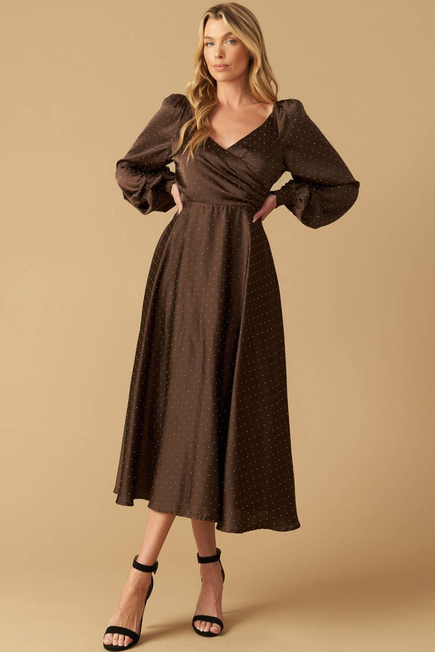 ROMANTIC LOVE BROWN LONG SLEEVE MIDI DRESS