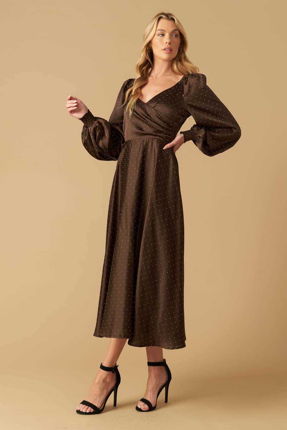 ROMANTIC LOVE BROWN LONG SLEEVE MIDI DRESS