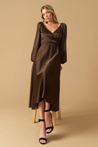 ROMANTIC LOVE BROWN LONG SLEEVE MIDI DRESS
