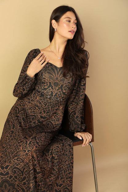 RUSTIC ALLURE BROWN MIDI DRESS