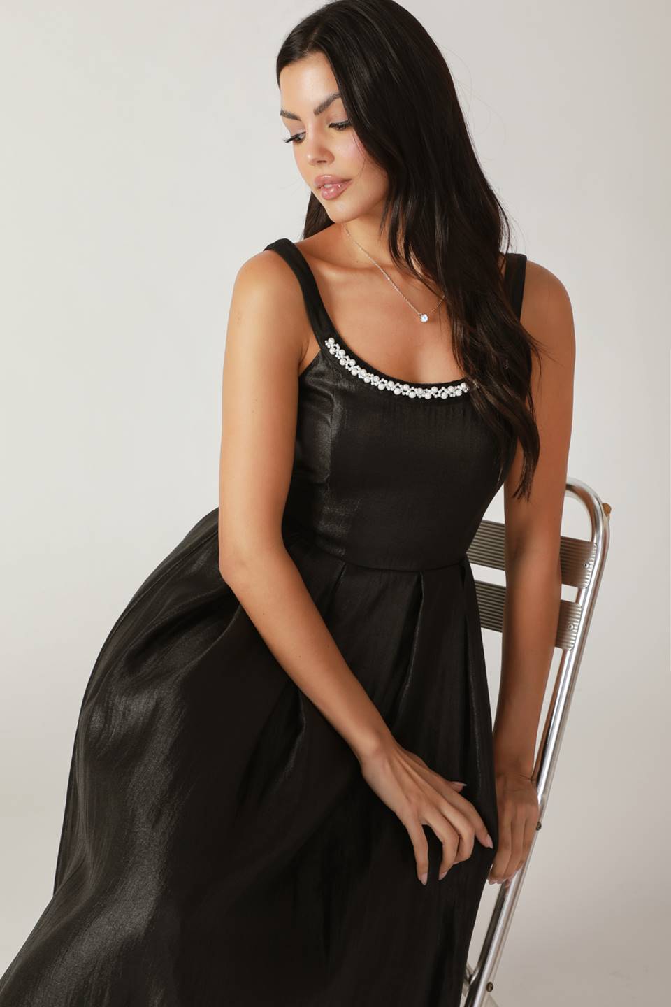 PEARL TRIM BLACK SATIN MIDI DRESS FINAL