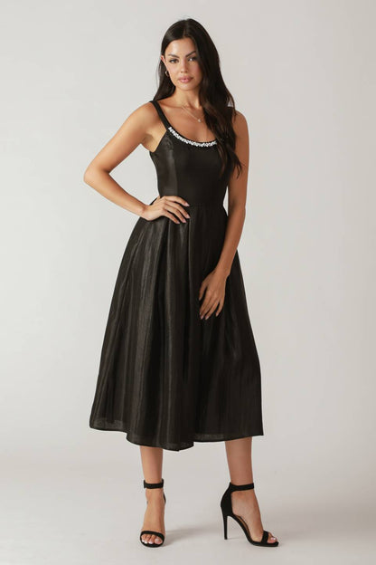PEARL TRIM BLACK SATIN MIDI DRESS