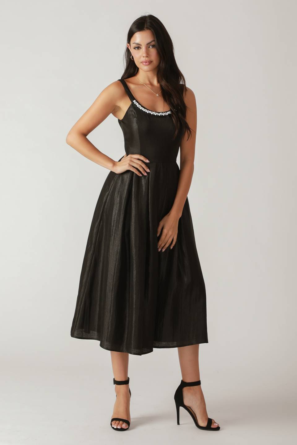 PEARL TRIM BLACK SATIN MIDI DRESS FINAL