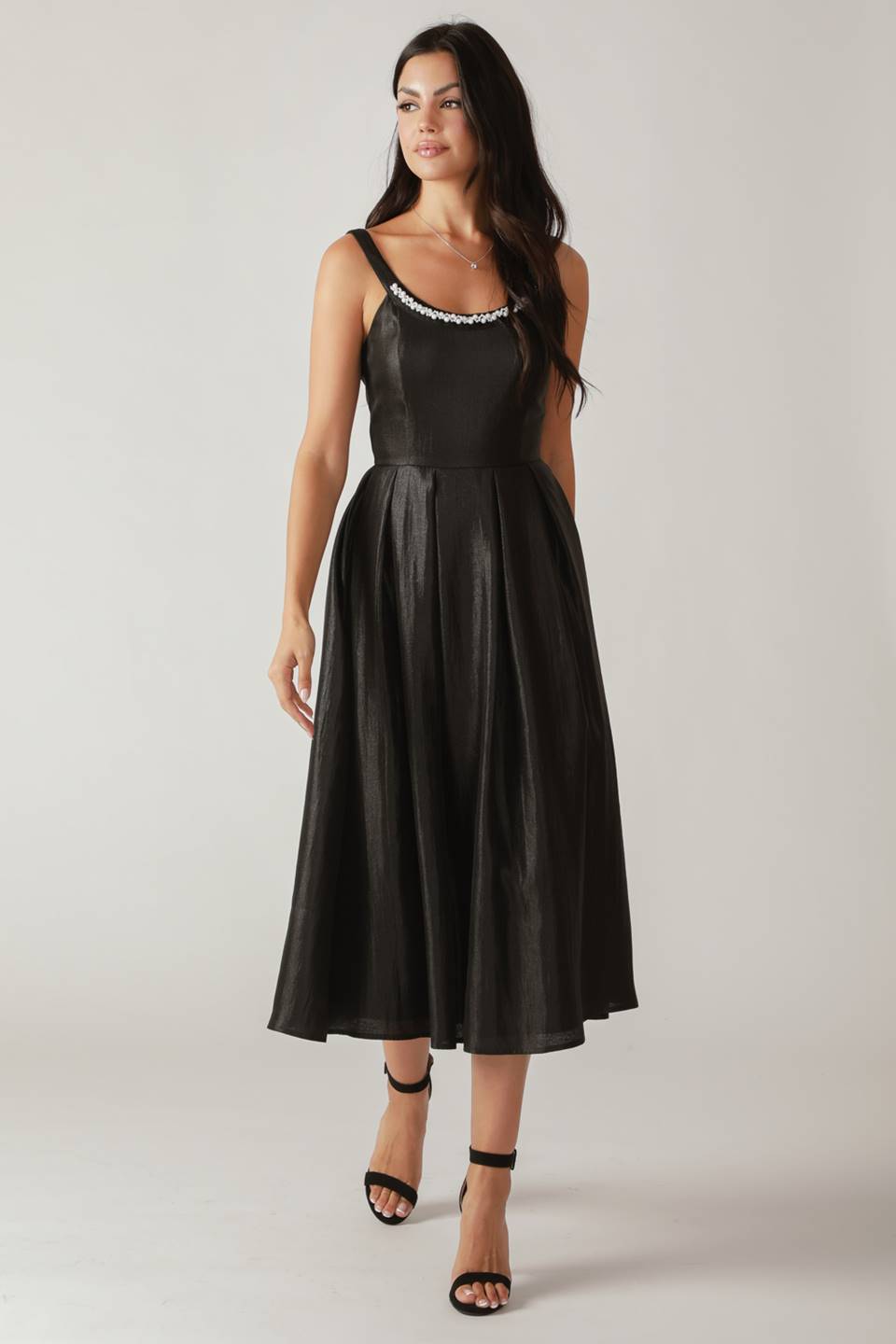 PEARL TRIM BLACK SATIN MIDI DRESS FINAL