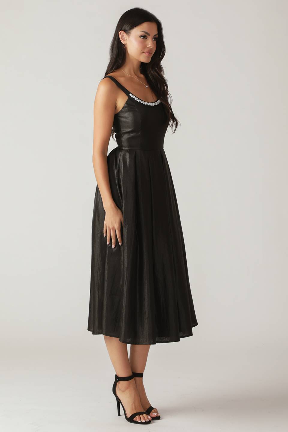 PEARL TRIM BLACK SATIN MIDI DRESS FINAL