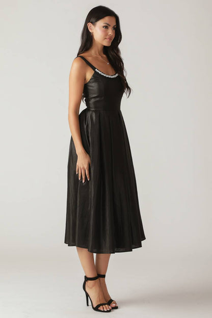 PEARL TRIM BLACK SATIN MIDI DRESS FINAL
