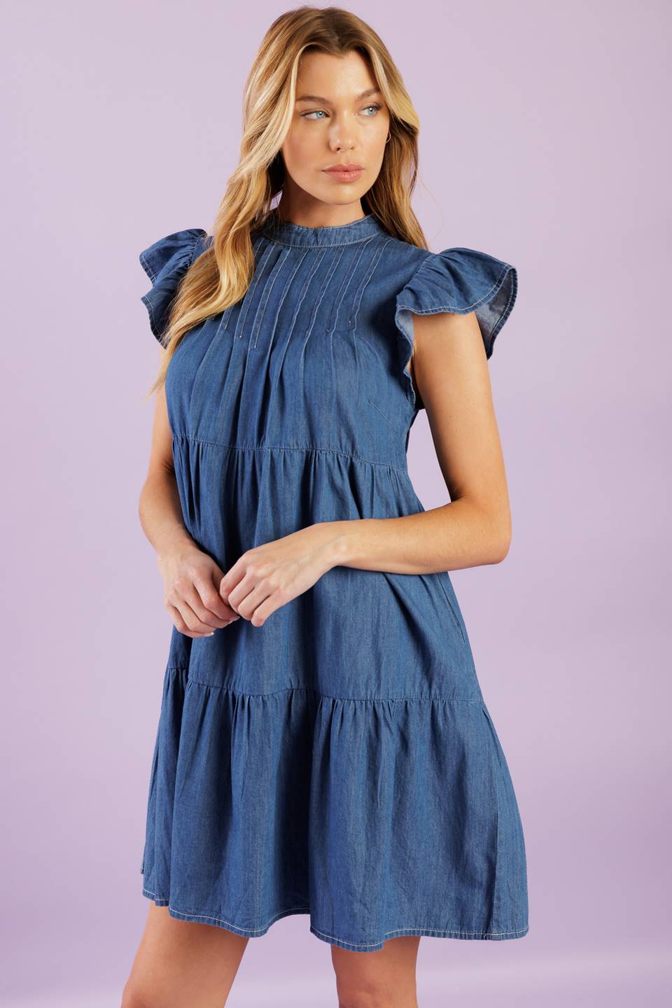 MATCH MY ENERGY BLUE CHAMBRAY MINI DRESS