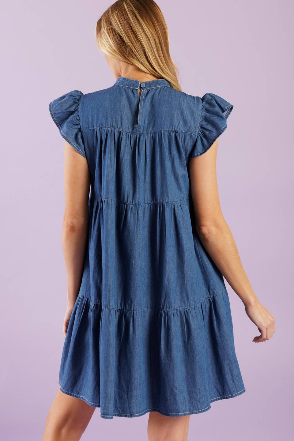 MATCH MY ENERGY BLUE CHAMBRAY MINI DRESS