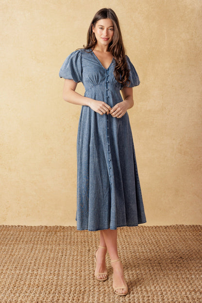 FOREVER MINE PUFF SLEEVE DENIM MIDI DRESS