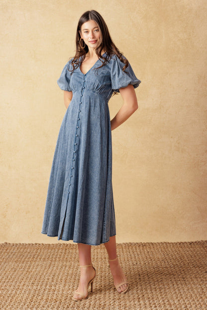 FOREVER MINE PUFF SLEEVE DENIM MIDI DRESS