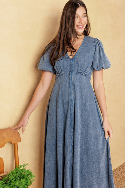 FOREVER MINE PUFF SLEEVE DENIM MIDI DRESS