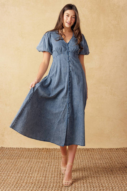 FOREVER MINE PUFF SLEEVE DENIM MIDI DRESS