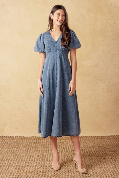 FOREVER MINE PUFF SLEEVE DENIM MIDI DRESS