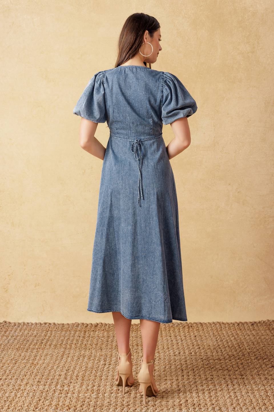 FOREVER MINE PUFF SLEEVE DENIM MIDI DRESS